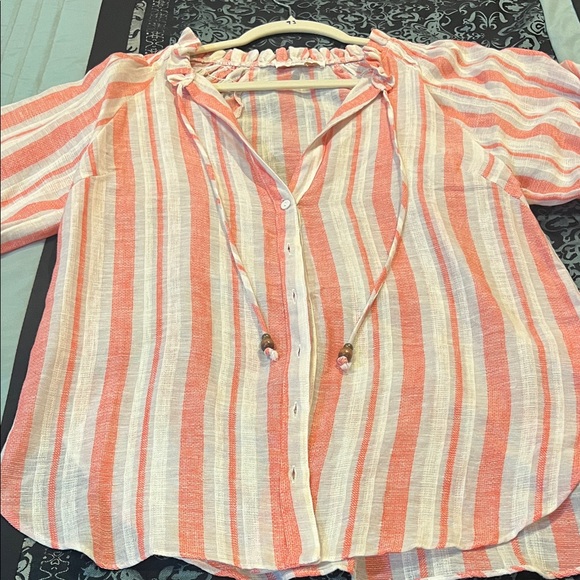 Olivaceous Coral and Cream Striped Blouse - Picture 2 of 10